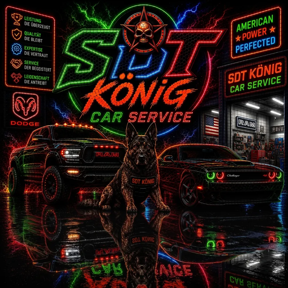 SDT König Car Service – RAM Pickup, Dodge Challenger und Schäferhund in der Werkstatt: Leistung, Qualität, Expertise, Service, Leidenschaft