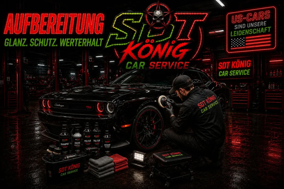 Fahrzeugaufbereitung bei SDT König Car Service – Politur eines schwarzen Dodge Challenger