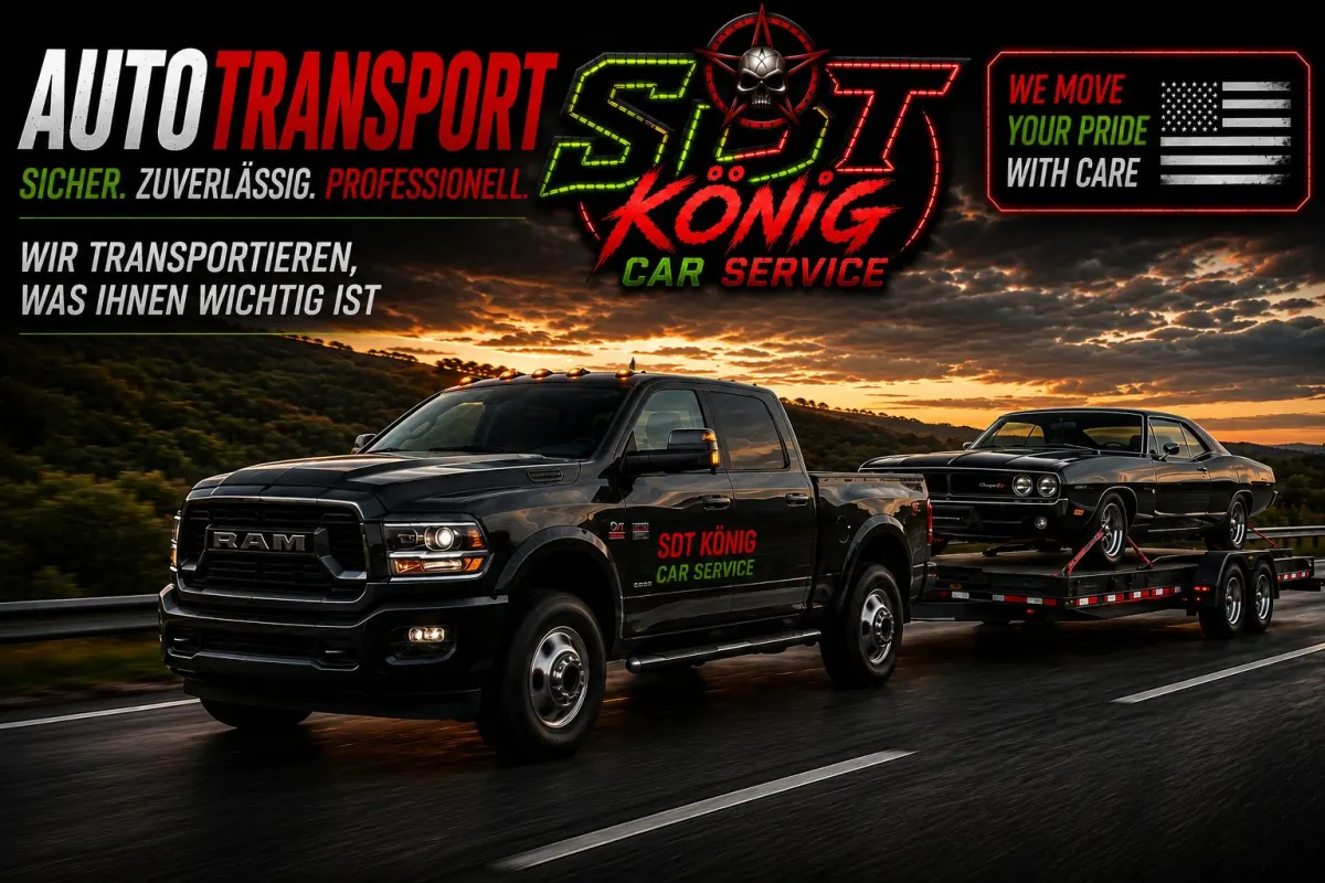 Autotransport von SDT König Car Service – RAM Pickup mit Autoanhänger und Dodge Charger