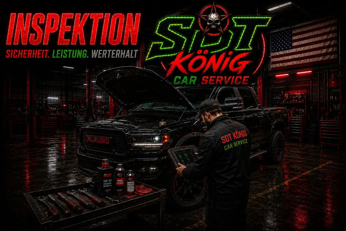 Inspektion bei SDT König Car Service – Diagnose an einem RAM Pickup mit geöffneter Motorhaube