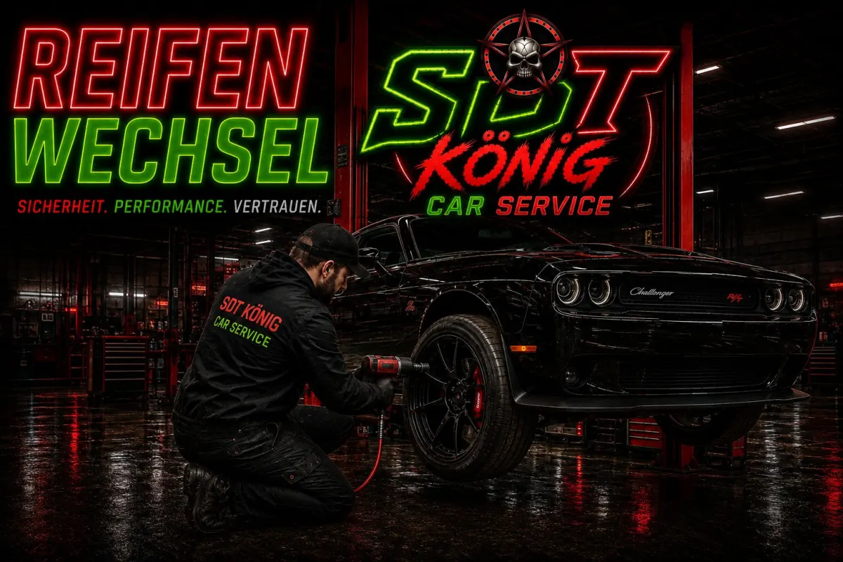 Reifenwechsel bei SDT König Car Service – Monteur wechselt das Rad an einem Dodge Challenger